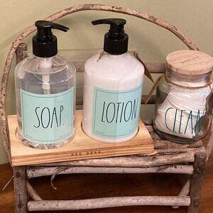 Rae Dunn Pump SOAP & LOTION on Wood Tray and CLEAN Cotton Pads Glass Jar Bundle